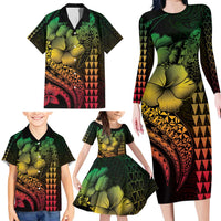 Hawaiian Sea Turtle Family Matching Long Sleeve Bodycon Dress and Hawaiian Shirt Reggae Hibiscus Flowers and Kakau Pattern
