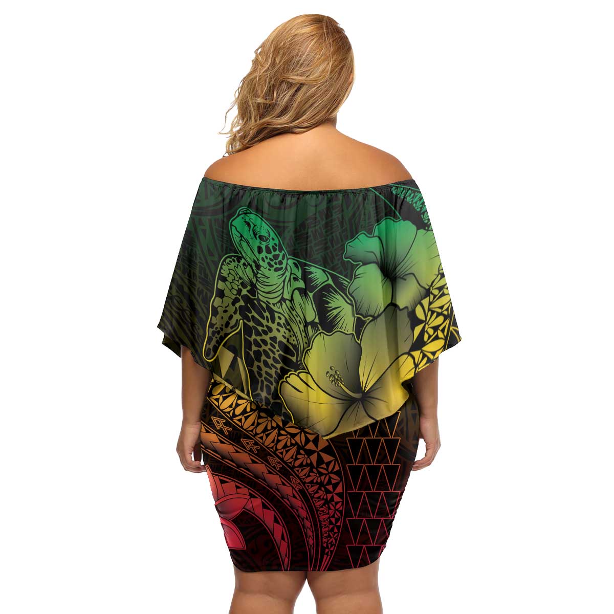 Hawaiian Sea Turtle Family Matching Off Shoulder Short Dress and Hawaiian Shirt Reggae Hibiscus Flowers and Kakau Pattern