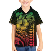 Hawaiian Sea Turtle Kid Hawaiian Shirt Reggae Hibiscus Flowers and Kakau Pattern