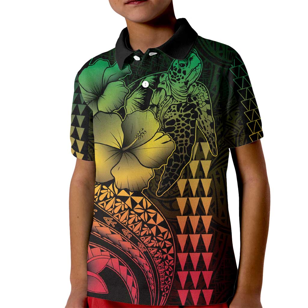 Hawaiian Sea Turtle Kid Polo Shirt Reggae Hibiscus Flowers and Kakau Pattern