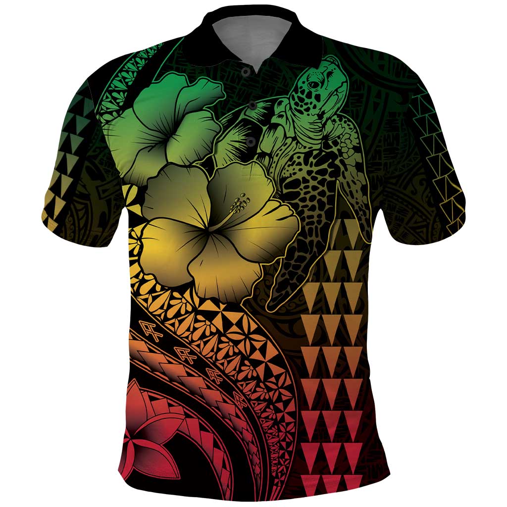 Hawaiian Sea Turtle Polo Shirt Reggae Hibiscus Flowers and Kakau Pattern