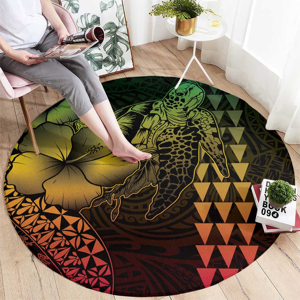 Hawaiian Sea Turtle Round Carpet Reggae Hibiscus Flowers and Kakau Pattern