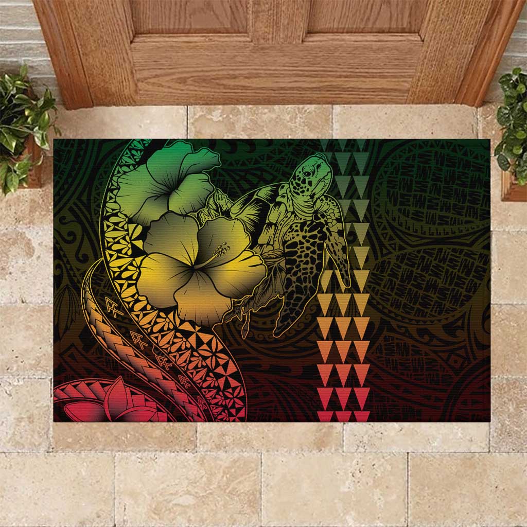 Hawaiian Sea Turtle Rubber Doormat Reggae Hibiscus Flowers and Kakau Pattern
