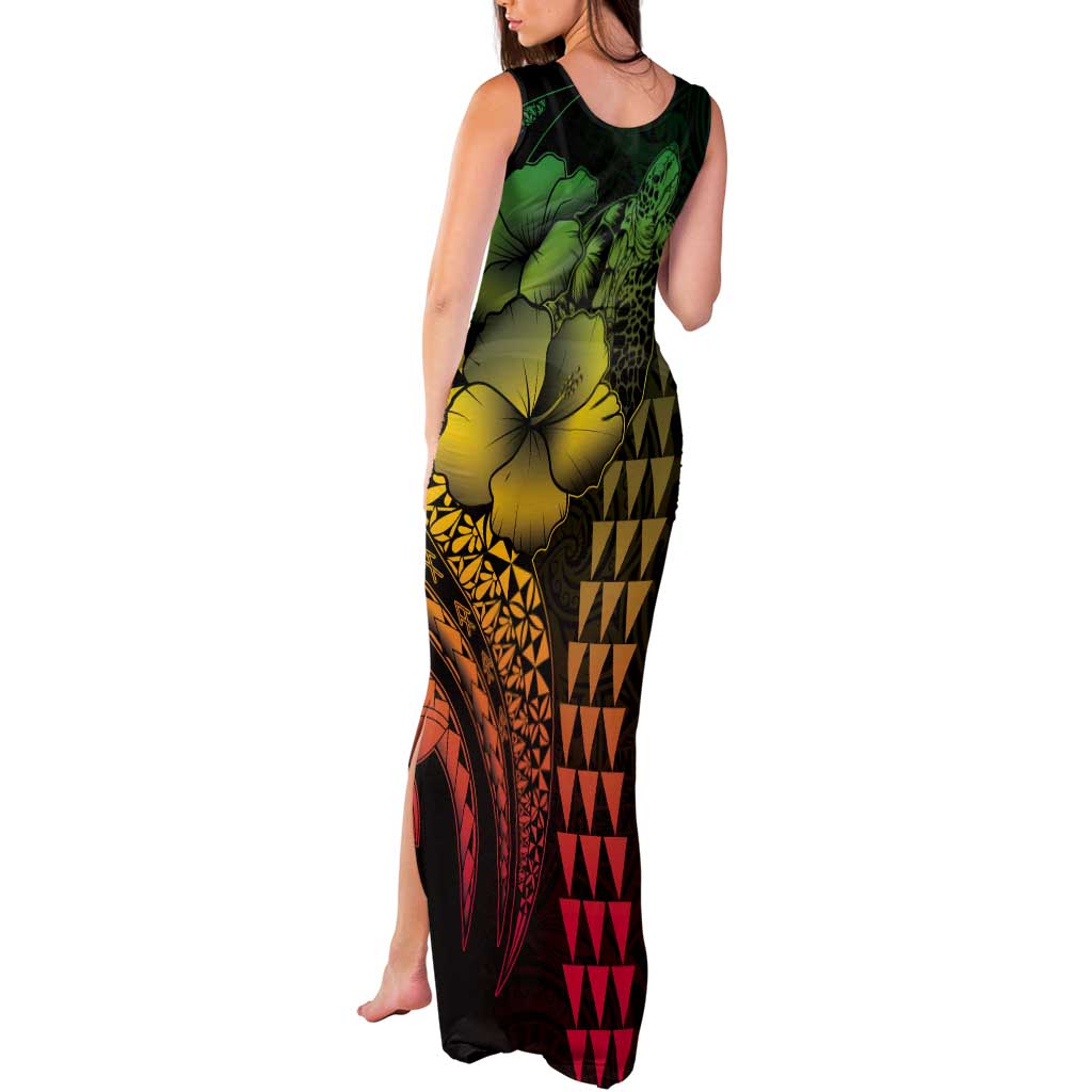 Hawaiian Sea Turtle Tank Maxi Dress Reggae Hibiscus Flowers and Kakau Pattern