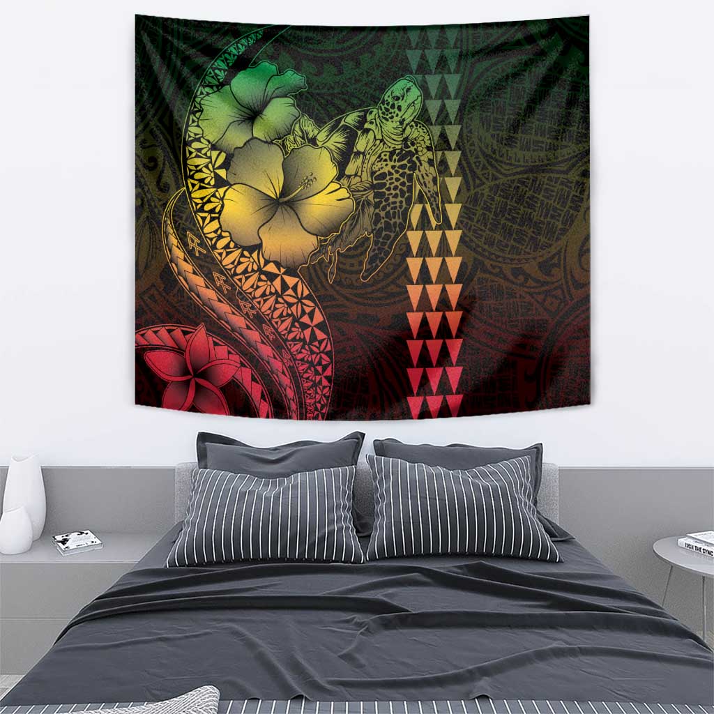 Hawaiian Sea Turtle Tapestry Reggae Hibiscus Flowers and Kakau Pattern