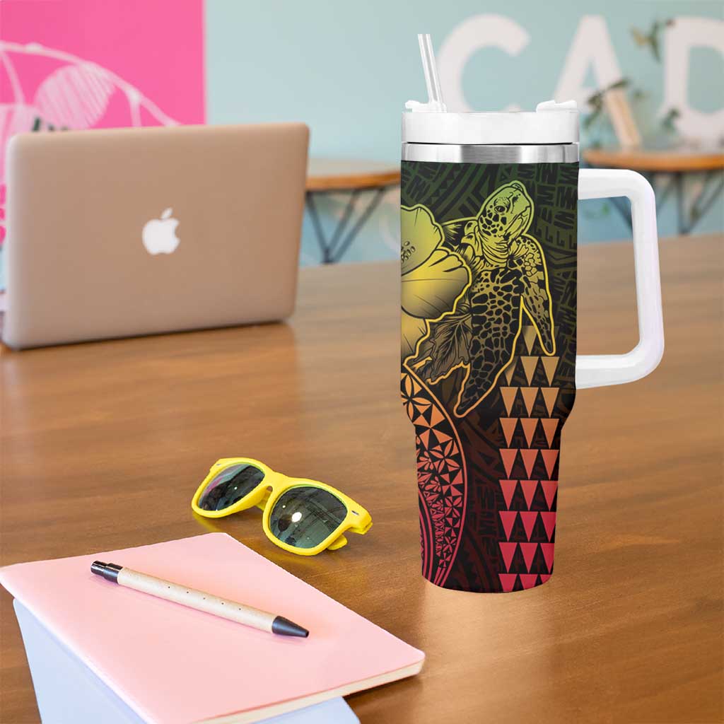 Hawaiian Sea Turtle Tumbler With Handle Reggae Hibiscus Flowers and Kakau Pattern
