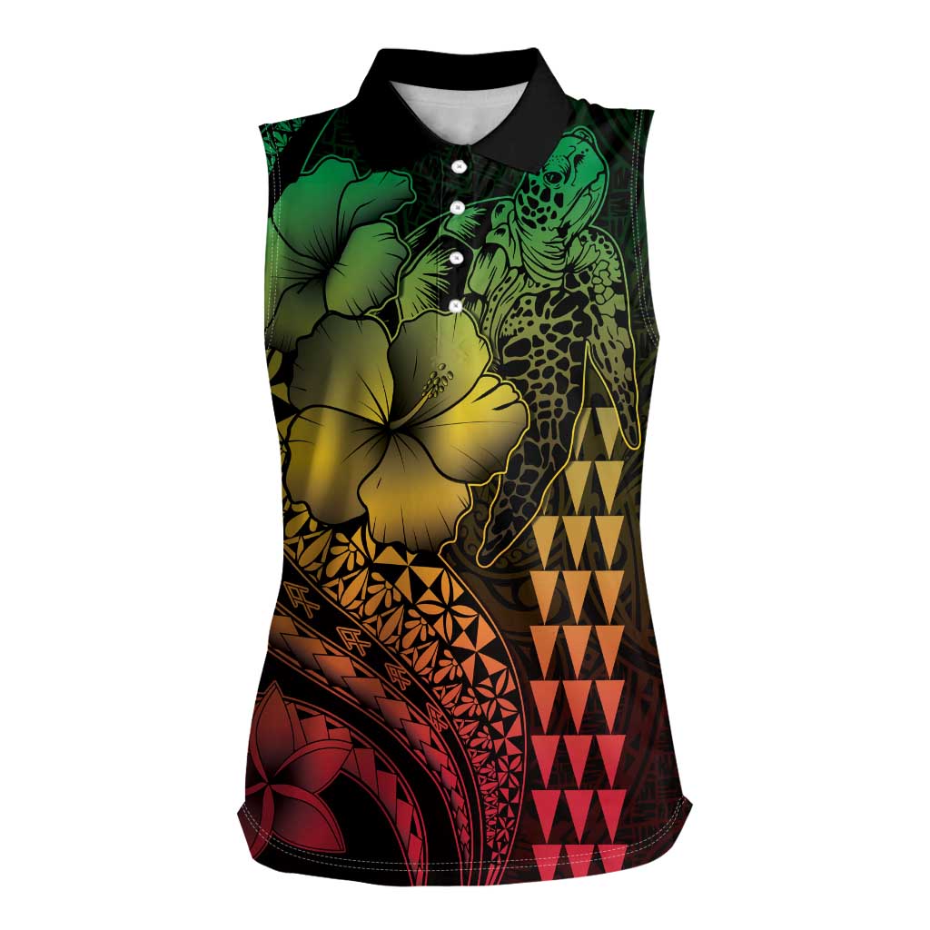 Hawaiian Sea Turtle Women Sleeveless Polo Shirt Reggae Hibiscus Flowers and Kakau Pattern