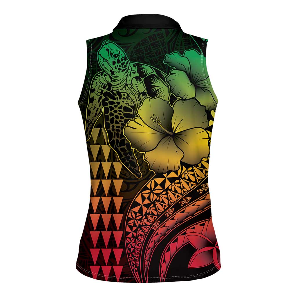 Hawaiian Sea Turtle Women Sleeveless Polo Shirt Reggae Hibiscus Flowers and Kakau Pattern