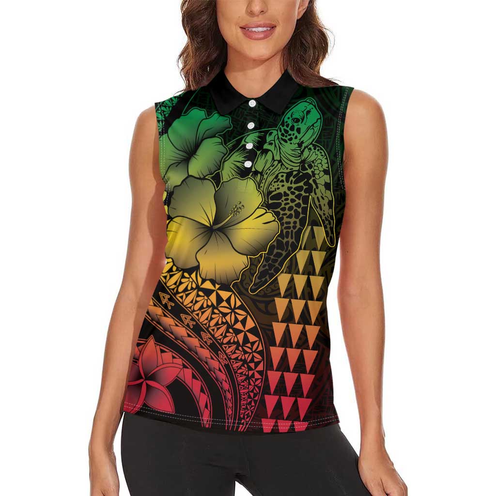 Hawaiian Sea Turtle Women Sleeveless Polo Shirt Reggae Hibiscus Flowers and Kakau Pattern