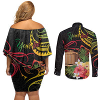 Personalised Tokelau Tropical Flowers Couples Matching Off Shoulder Short Dress and Long Sleeve Button Shirt Reggae Polynesian Art Vibe