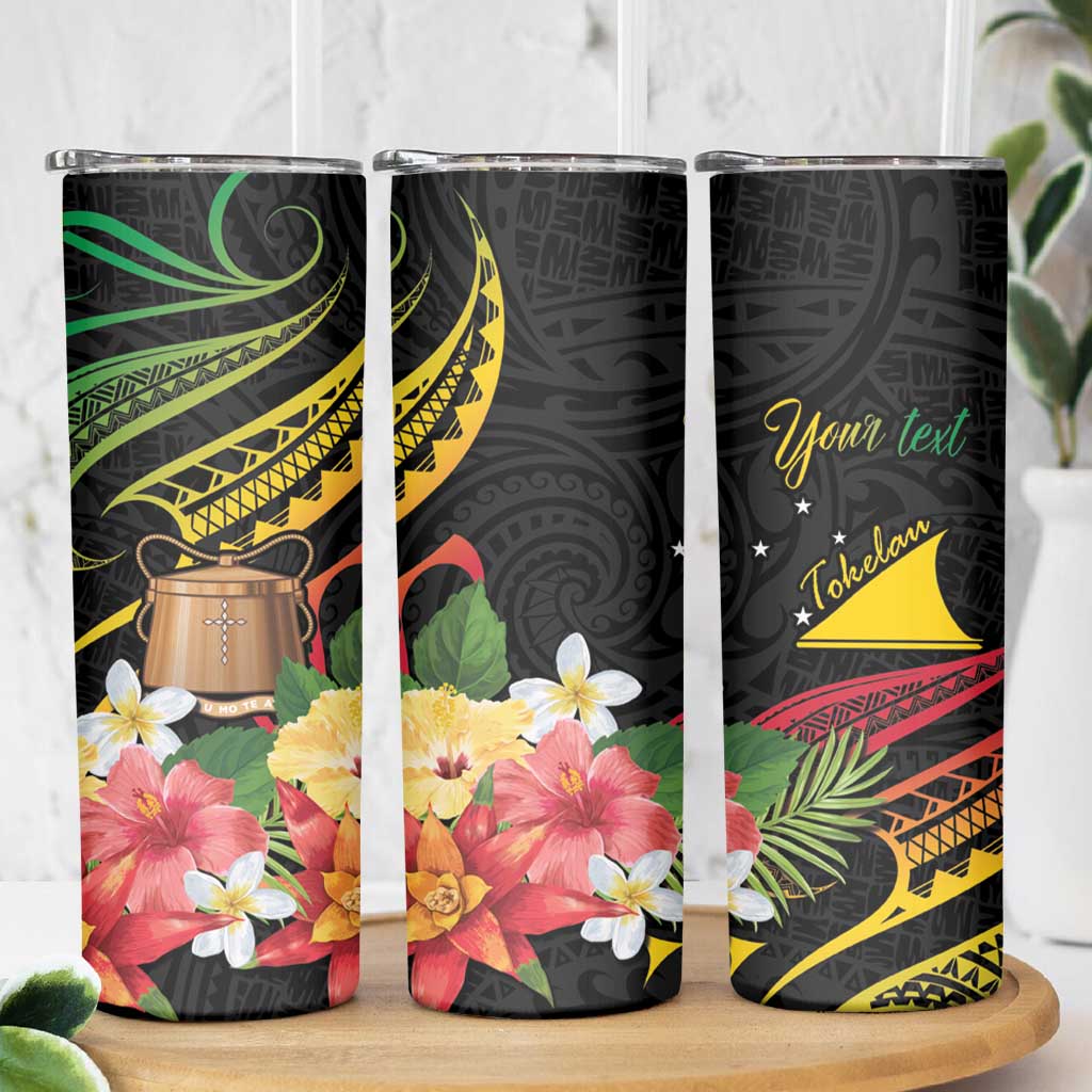 Personalised Tokelau Tropical Flowers Skinny Tumbler Reggae Polynesian Art Vibe