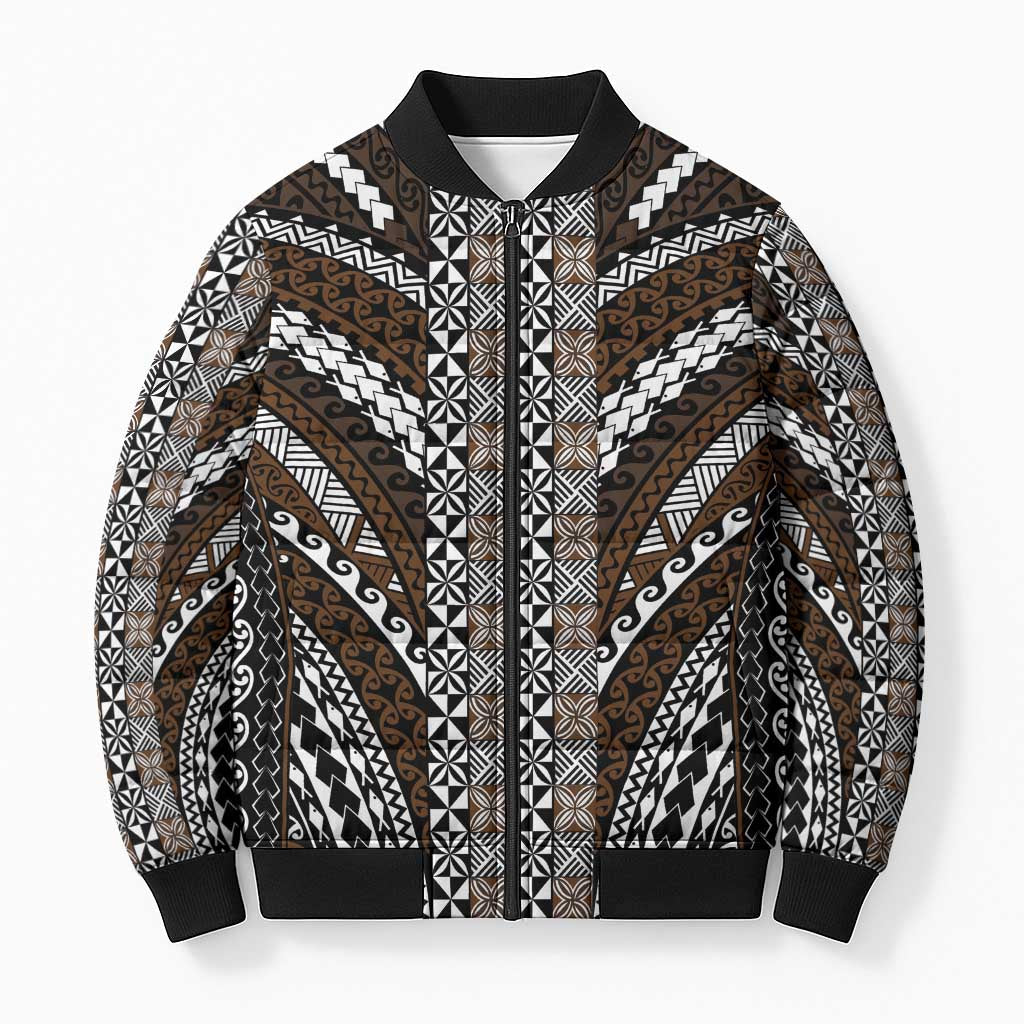 Brown Tongan Polynesian Tribal Bomber Puffer Jacket - Polynesian Pride