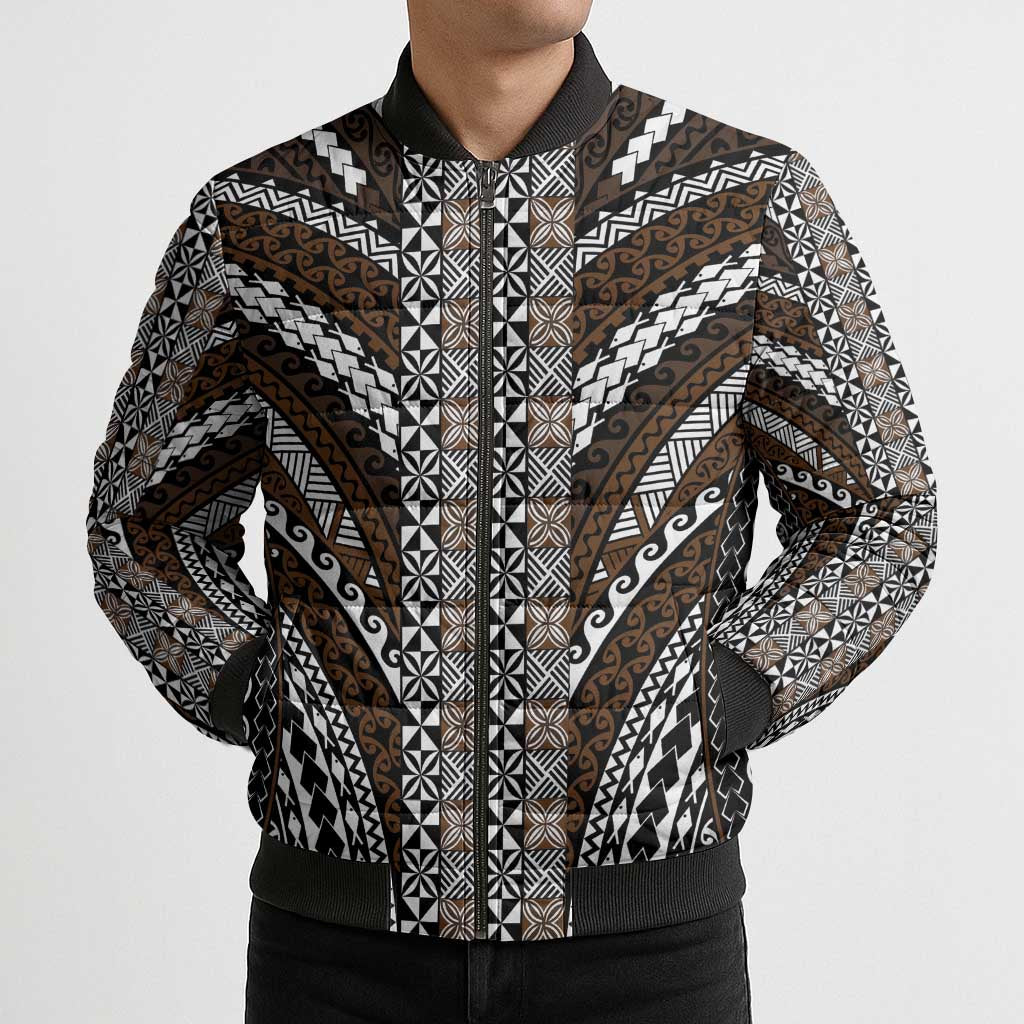 Brown Tongan Polynesian Tribal Bomber Puffer Jacket - Polynesian Pride