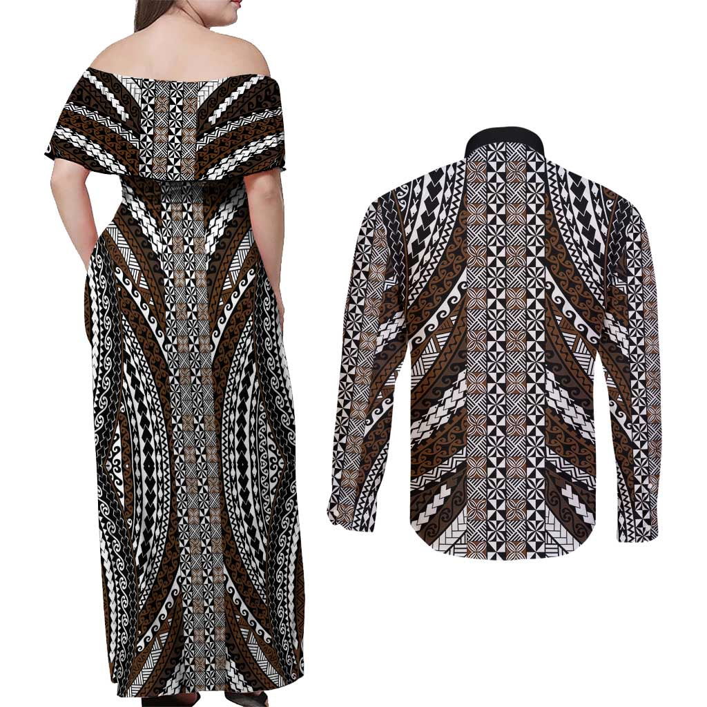 Brown Tongan Polynesian Tribal Couples Matching Off Shoulder Maxi Dress and Long Sleeve Button Shirt - Polynesian Pride