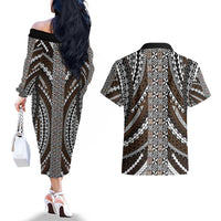 Brown Tongan Polynesian Tribal Couples Matching Off The Shoulder Long Sleeve Dress and Hawaiian Shirt - Polynesian Pride