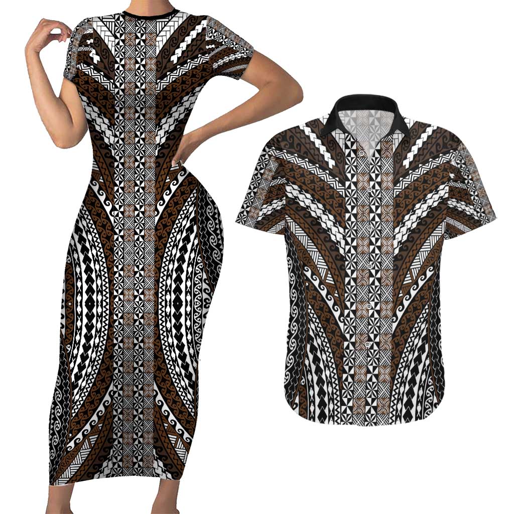 Brown Tongan Polynesian Tribal Couples Matching Short Sleeve Bodycon Dress and Hawaiian Shirt - Polynesian Pride
