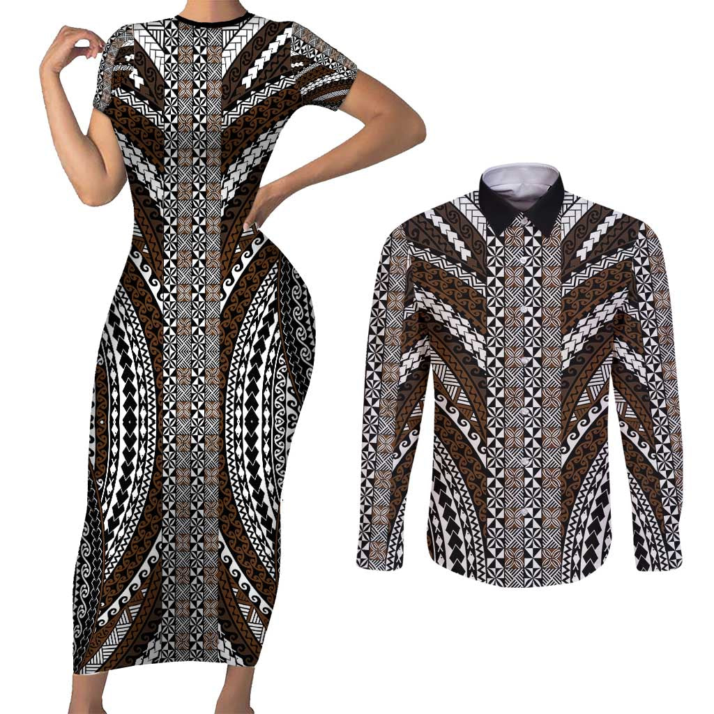 Brown Tongan Polynesian Tribal Couples Matching Short Sleeve Bodycon Dress and Long Sleeve Button Shirt - Polynesian Pride