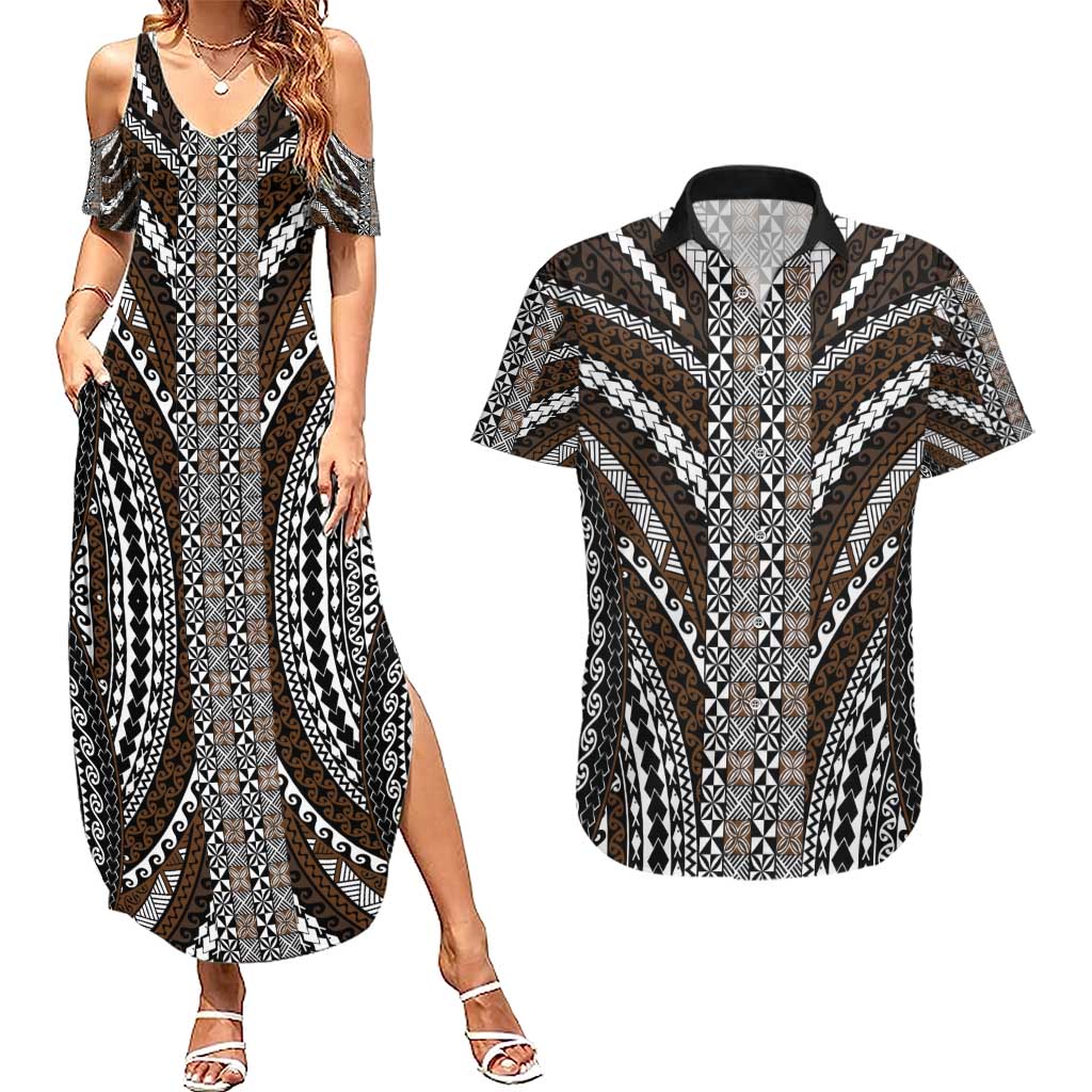 Brown Tongan Polynesian Tribal Couples Matching Summer Maxi Dress and Hawaiian Shirt - Polynesian Pride