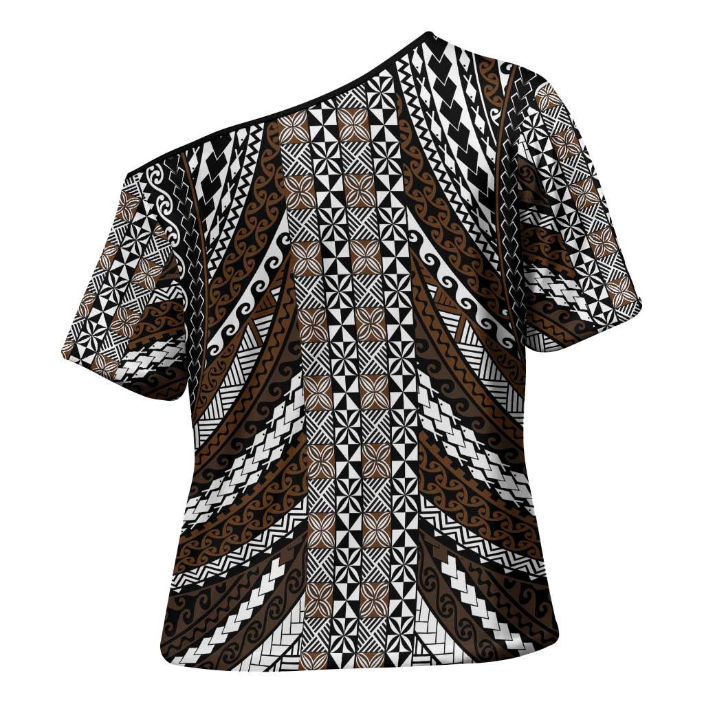 Brown Tongan Polynesian Tribal Cross Shoulder Shirt - Polynesian Pride