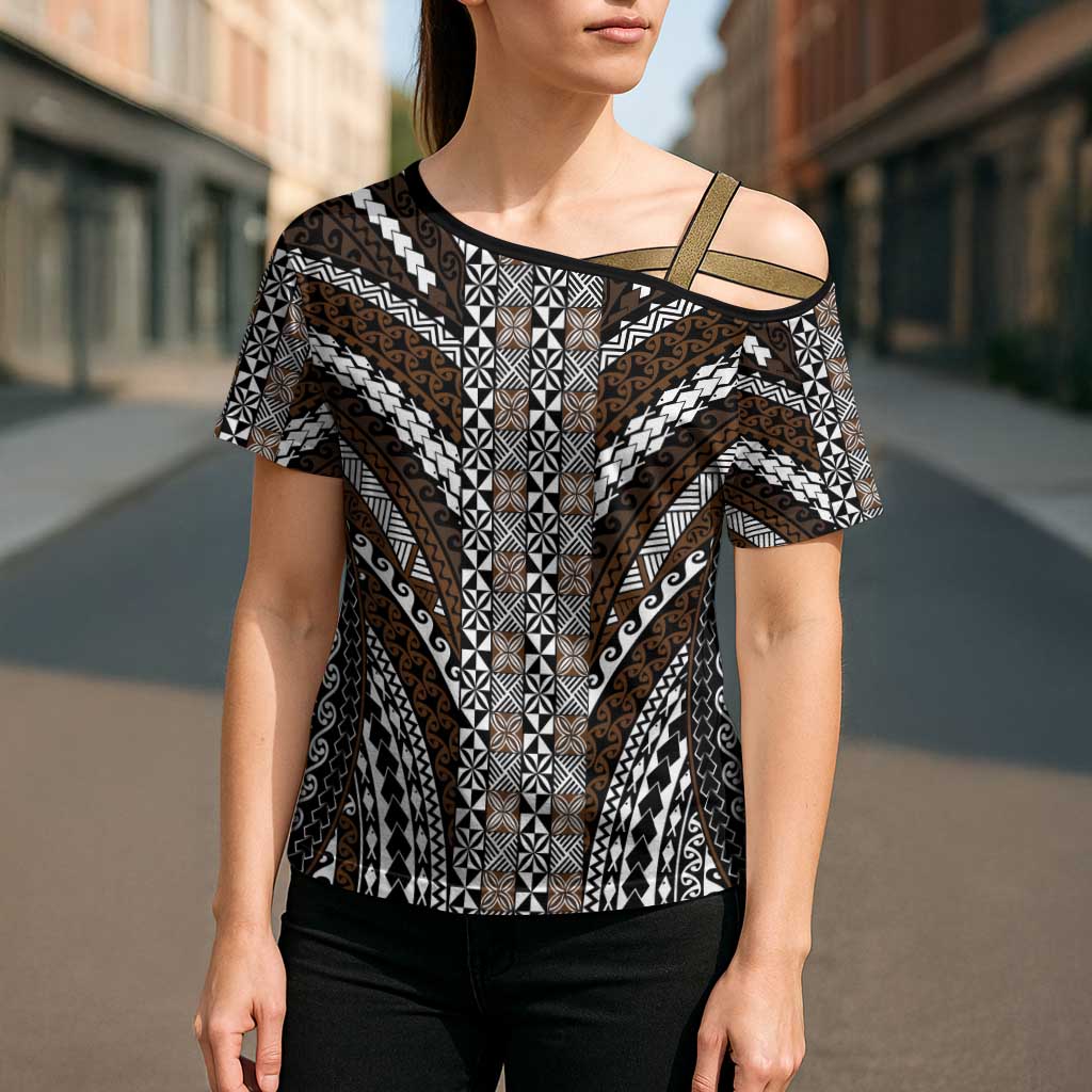Brown Tongan Polynesian Tribal Cross Shoulder Shirt - Polynesian Pride