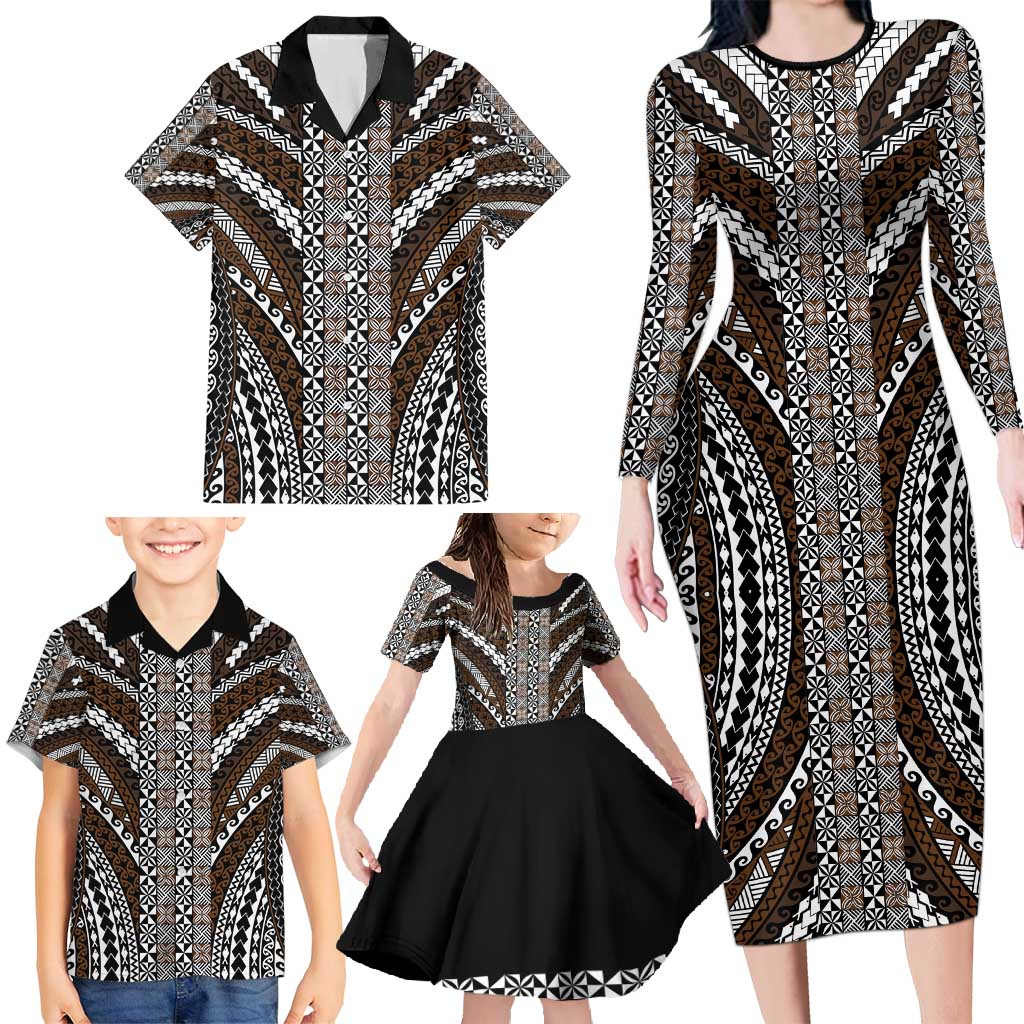 Brown Tongan Polynesian Tribal Family Matching Long Sleeve Bodycon Dress and Hawaiian Shirt - Polynesian Pride