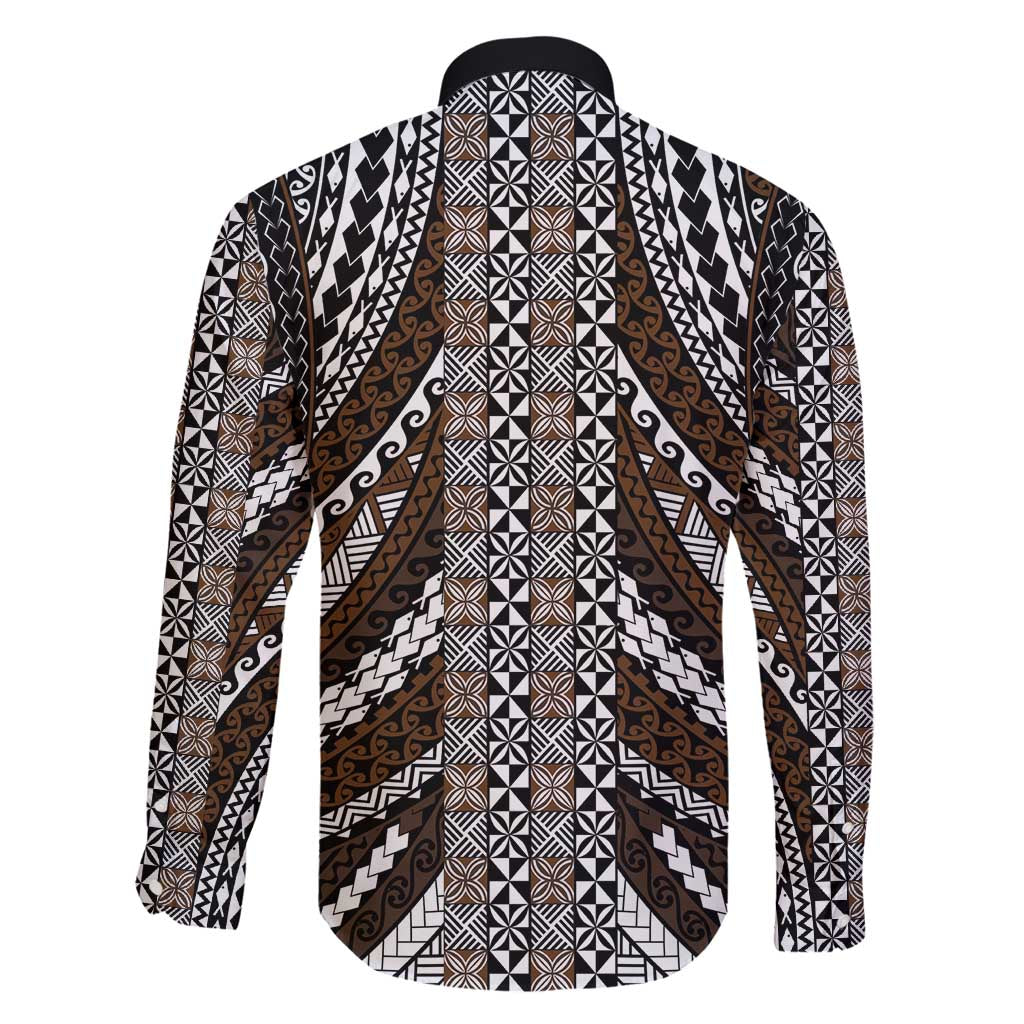 Brown Tongan Polynesian Tribal Family Matching Long Sleeve Bodycon Dress and Hawaiian Shirt - Polynesian Pride