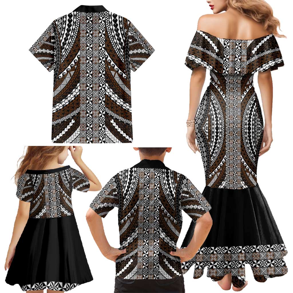 Brown Tongan Polynesian Tribal Family Matching Mermaid Dress and Hawaiian Shirt - Polynesian Pride
