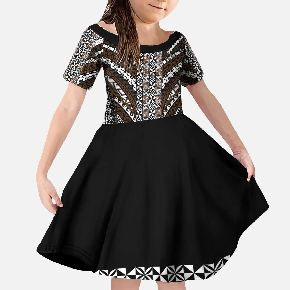 Brown Tongan Polynesian Tribal Family Matching Off The Shoulder Long Sleeve Dress and Hawaiian Shirt - Polynesian Pride