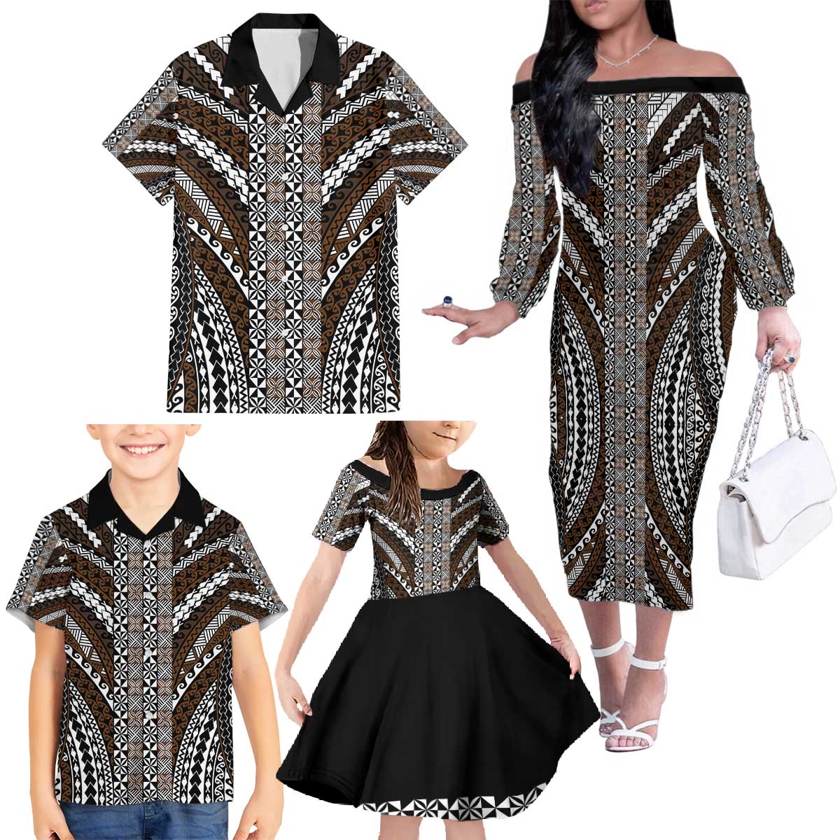 Brown Tongan Polynesian Tribal Family Matching Off The Shoulder Long Sleeve Dress and Hawaiian Shirt - Polynesian Pride