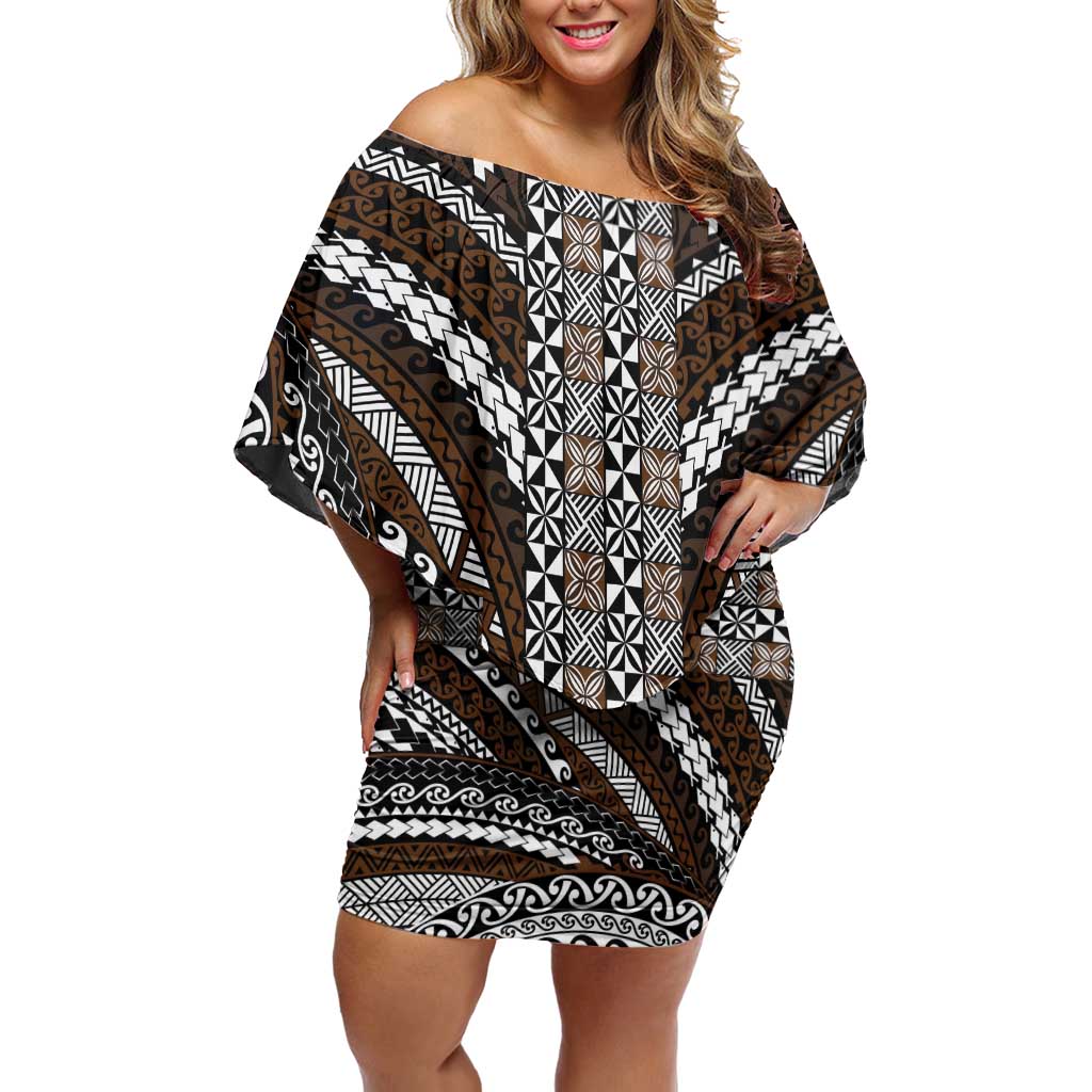 Brown Tongan Polynesian Tribal Family Matching Off Shoulder Short Dress and Hawaiian Shirt - Polynesian Pride