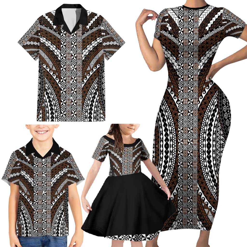 Brown Tongan Polynesian Tribal Family Matching Short Sleeve Bodycon Dress and Hawaiian Shirt - Polynesian Pride
