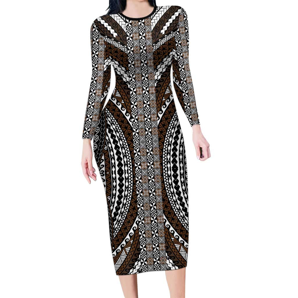 Brown Tongan Polynesian Tribal Long Sleeve Bodycon Dress - Polynesian Pride