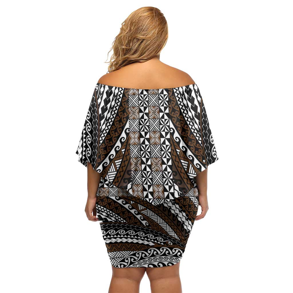 Brown Tongan Polynesian Tribal Off Shoulder Short Dress - Polynesian Pride