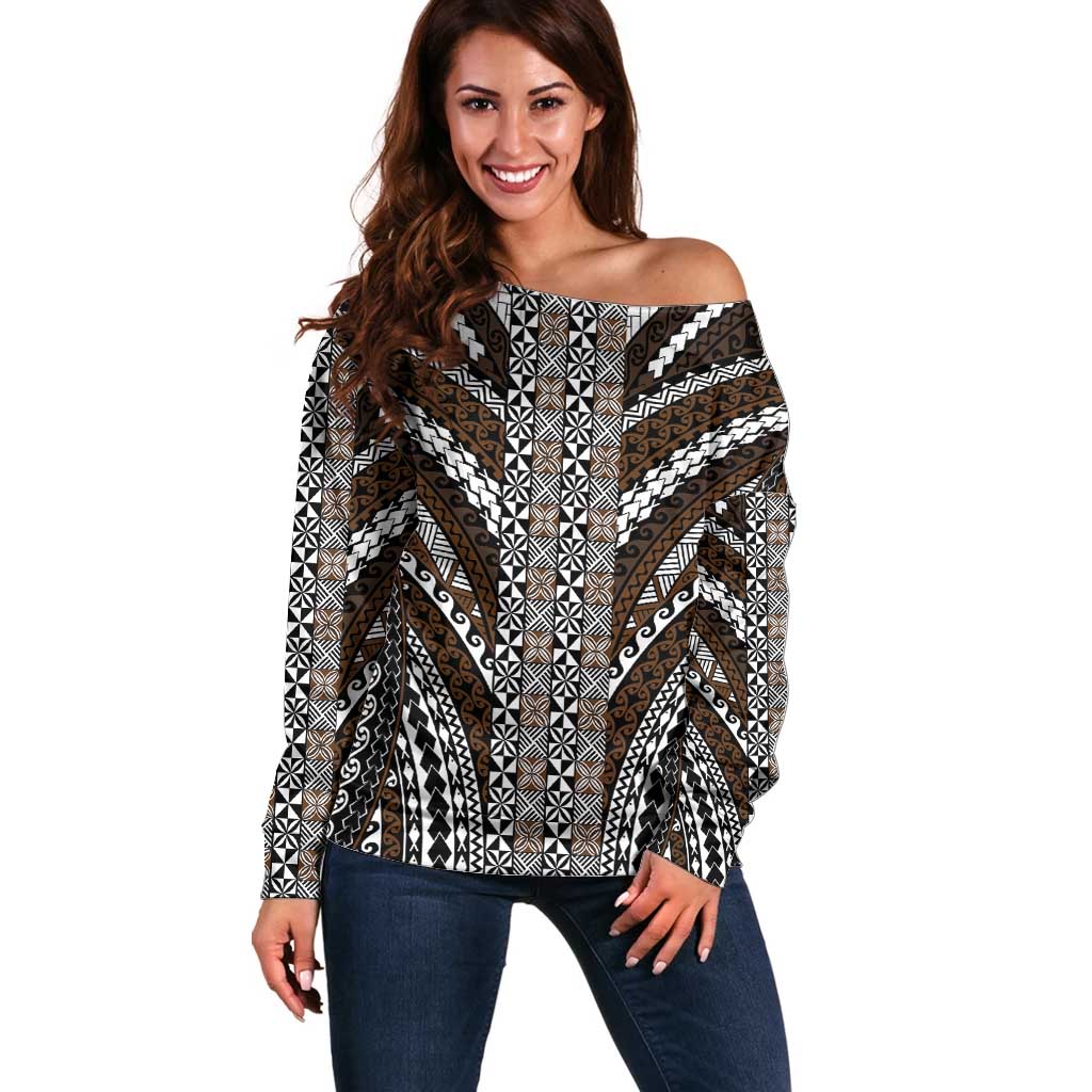 Brown Tongan Polynesian Tribal Off Shoulder Sweater - Polynesian Pride