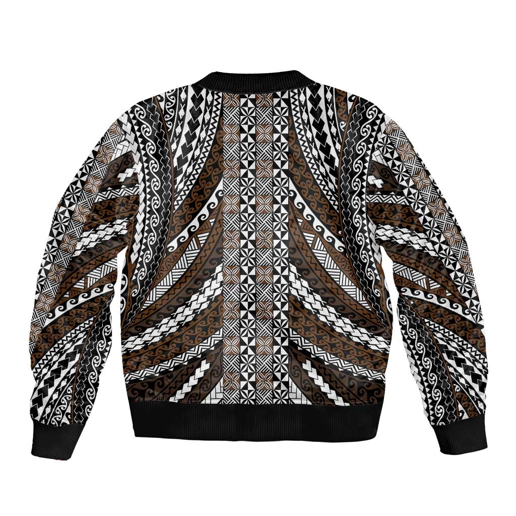 Brown Tongan Polynesian Tribal Sleeve Zip Bomber Jacket - Polynesian Pride