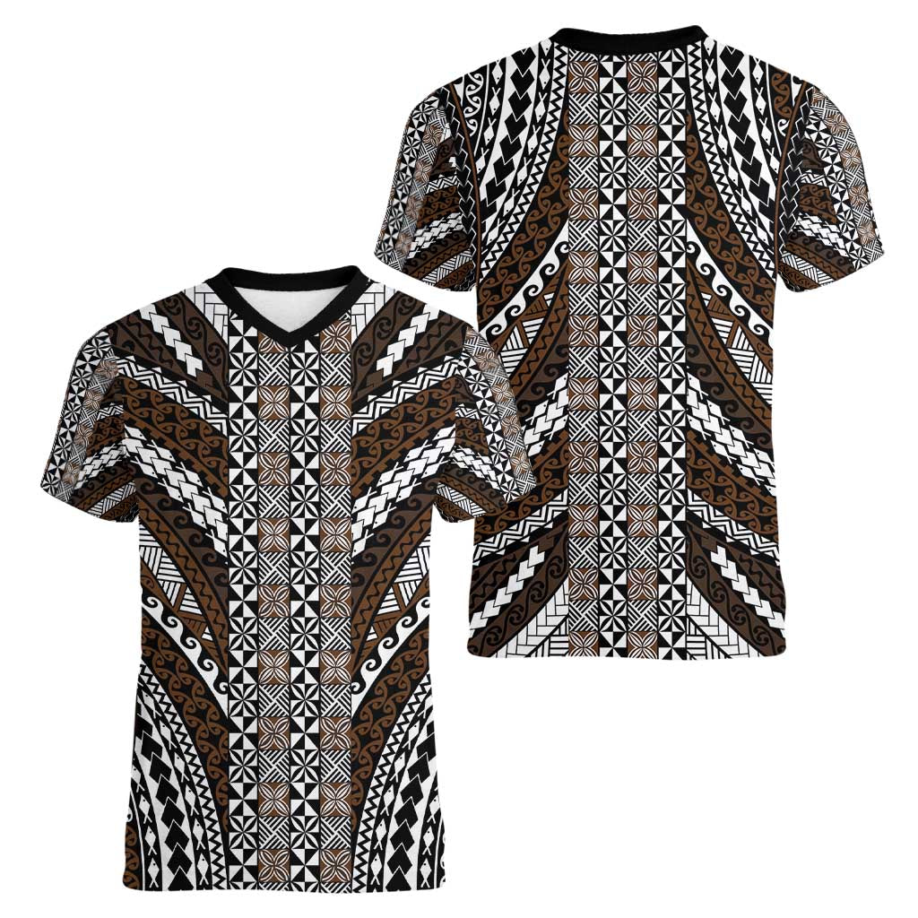 Brown Tongan Polynesian Tribal Women V-Neck T-Shirt - Polynesian Pride
