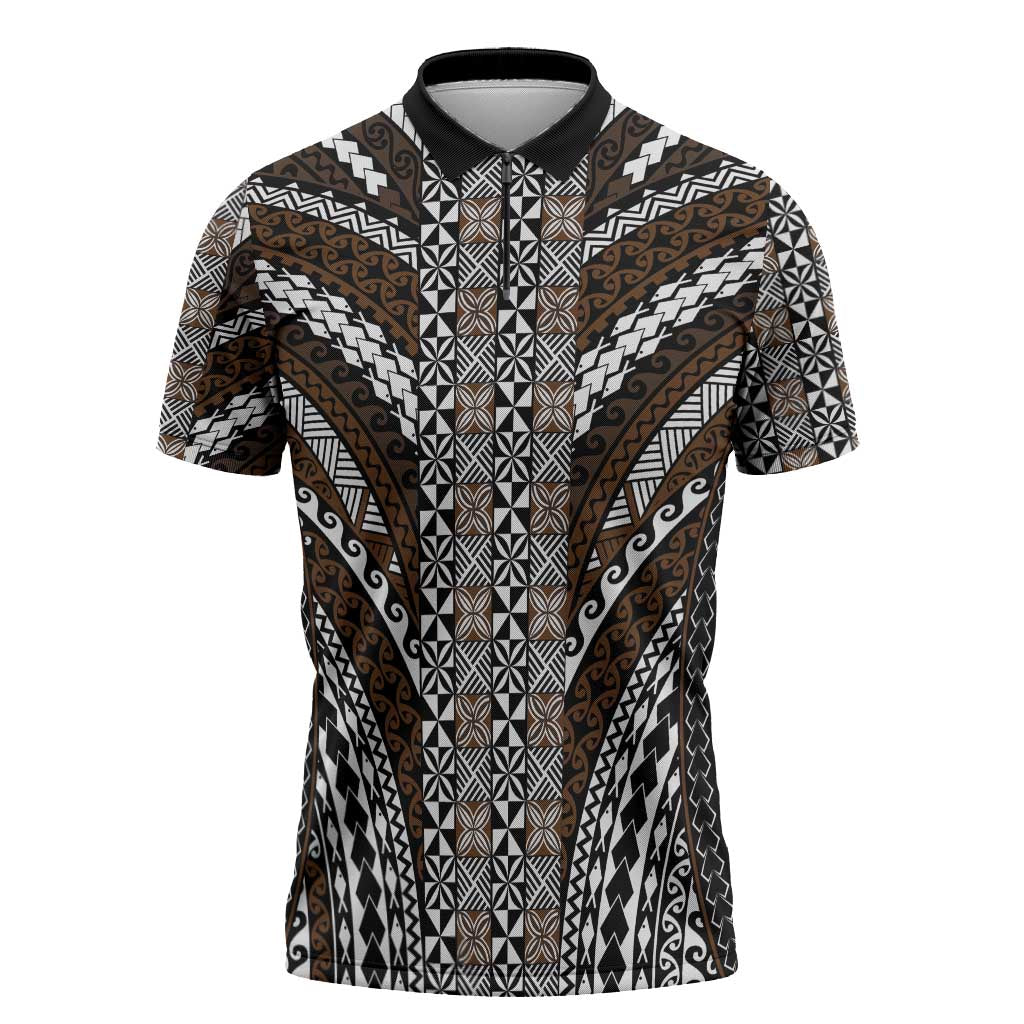 Brown Tongan Polynesian Tribal Zipper Polo Shirt - Polynesian Pride