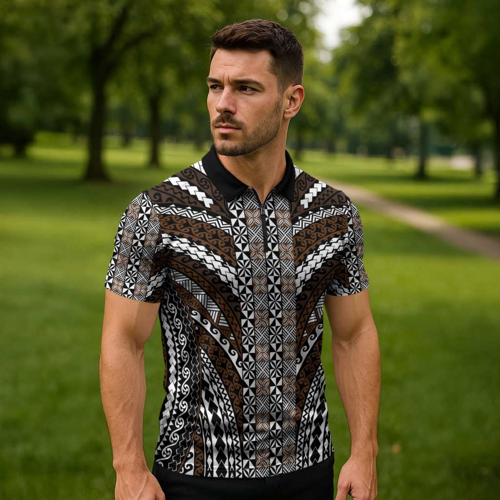 Brown Tongan Polynesian Tribal Zipper Polo Shirt - Polynesian Pride