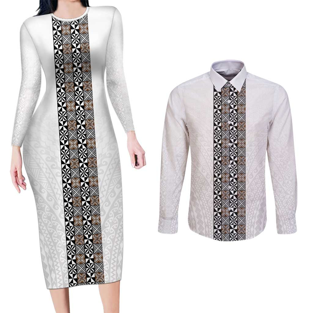 Light Gray Tongan Polynesian Tribal Couples Matching Long Sleeve Bodycon Dress and Long Sleeve Button Shirt - Polynesian Pride