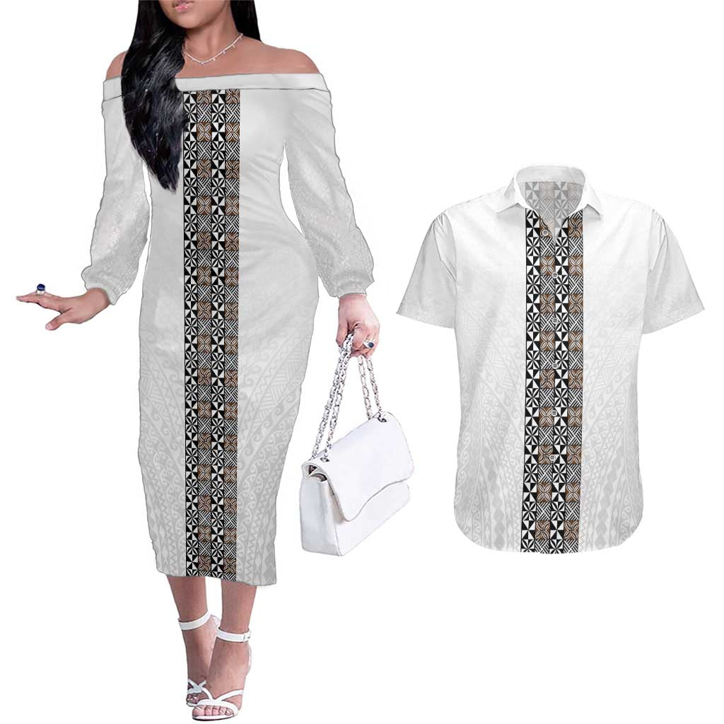 Light Gray Tongan Polynesian Tribal Couples Matching Off The Shoulder Long Sleeve Dress and Hawaiian Shirt - Polynesian Pride