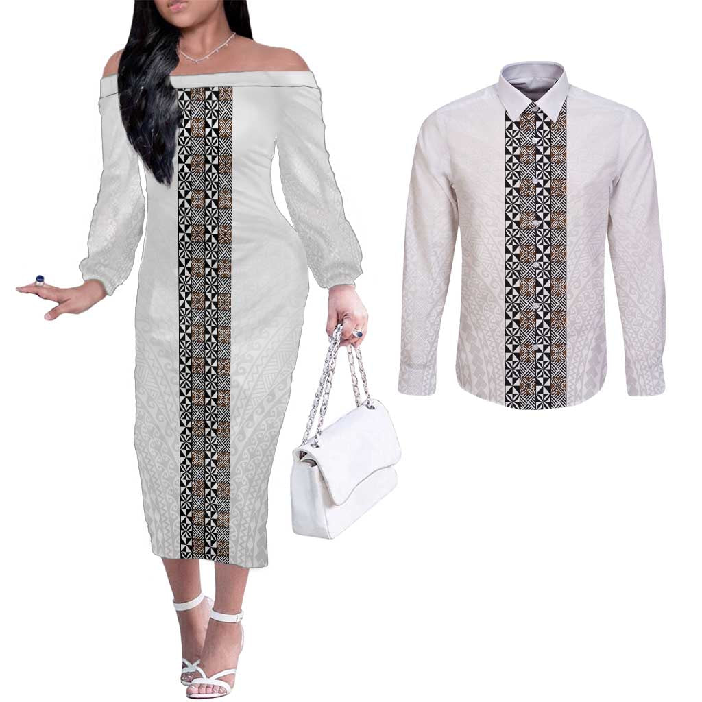Light Gray Tongan Polynesian Tribal Couples Matching Off The Shoulder Long Sleeve Dress and Long Sleeve Button Shirt - Polynesian Pride