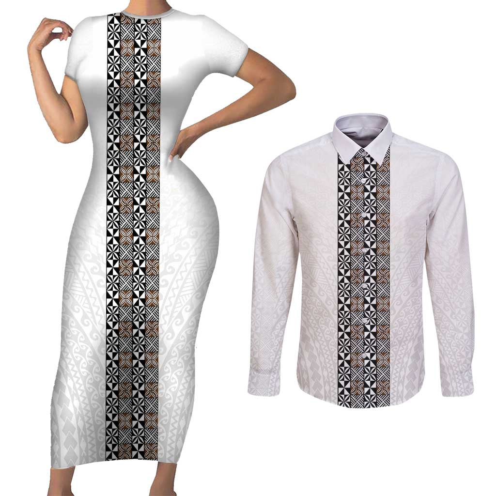 Light Gray Tongan Polynesian Tribal Couples Matching Short Sleeve Bodycon Dress and Long Sleeve Button Shirt - Polynesian Pride