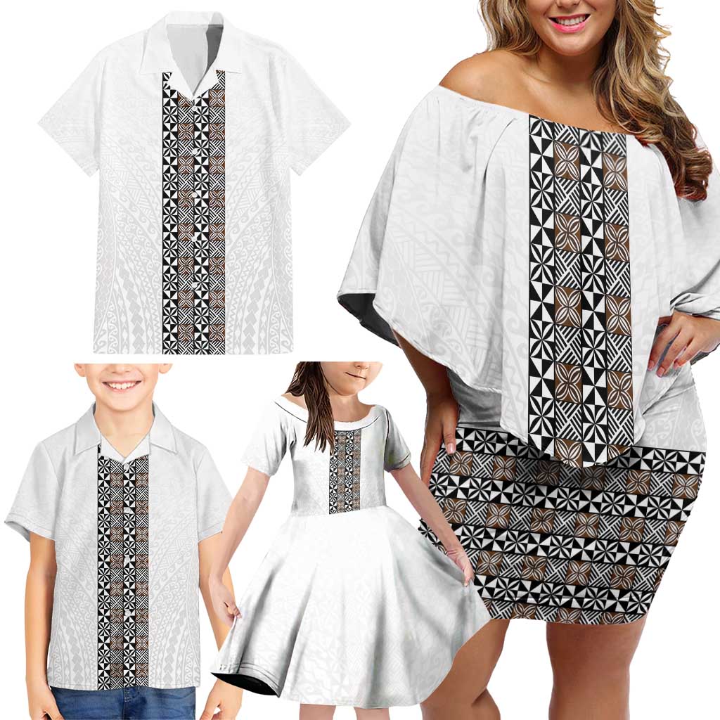 Light Gray Tongan Polynesian Tribal Family Matching Off Shoulder Short Dress and Hawaiian Shirt - Polynesian Pride