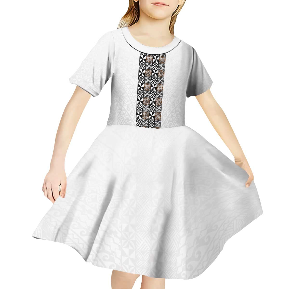 Light Gray Tongan Polynesian Tribal Kid Short Sleeve Dress - Polynesian Pride