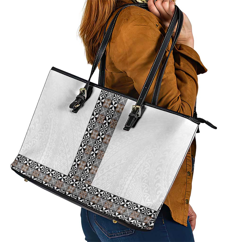 Light Gray Tongan Polynesian Tribal Leather Tote Bag - Polynesian Pride