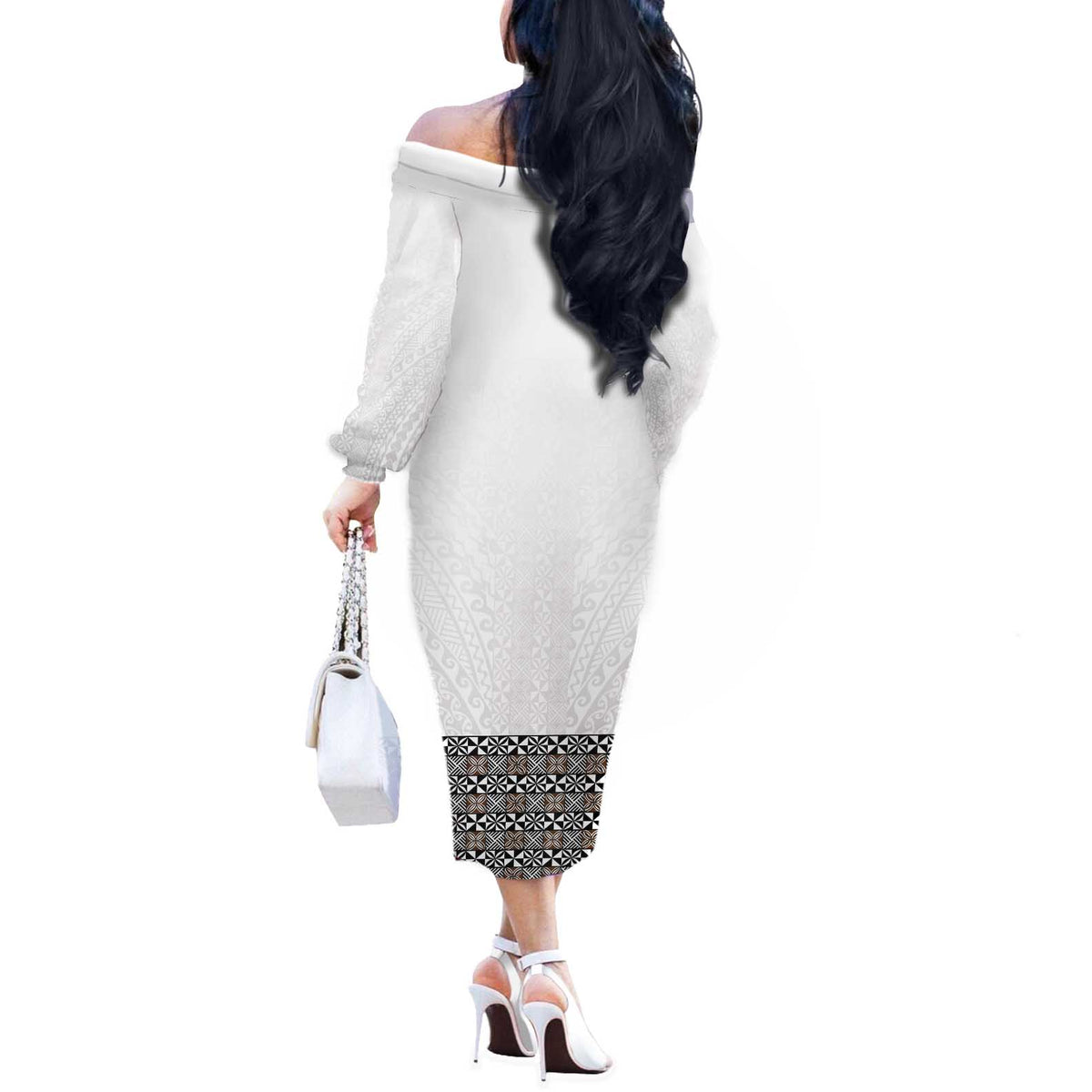 Light Gray Tongan Polynesian Tribal Off The Shoulder Long Sleeve Dress - Polynesian Pride