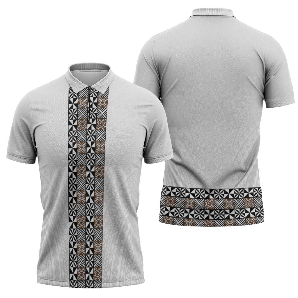 Light Gray Tongan Polynesian Tribal Zipper Polo Shirt - Polynesian Pride