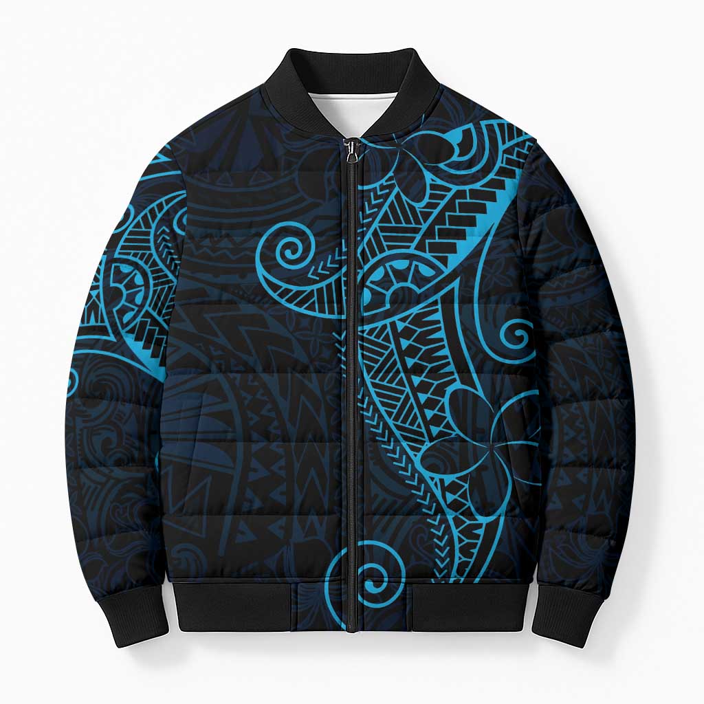 Black Blue Polynesian Tribal Bomber Puffer Jacket - Polynesian Pride