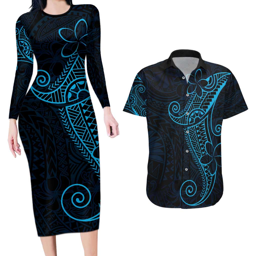 Black Blue Polynesian Tribal Couples Matching Long Sleeve Bodycon Dress and Hawaiian Shirt - Polynesian Pride
