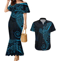 Black Blue Polynesian Tribal Couples Matching Mermaid Dress and Hawaiian Shirt - Polynesian Pride
